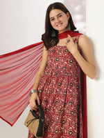 Thumbnail for Janasya Dark Cotton Floral Tiered Kurta Set