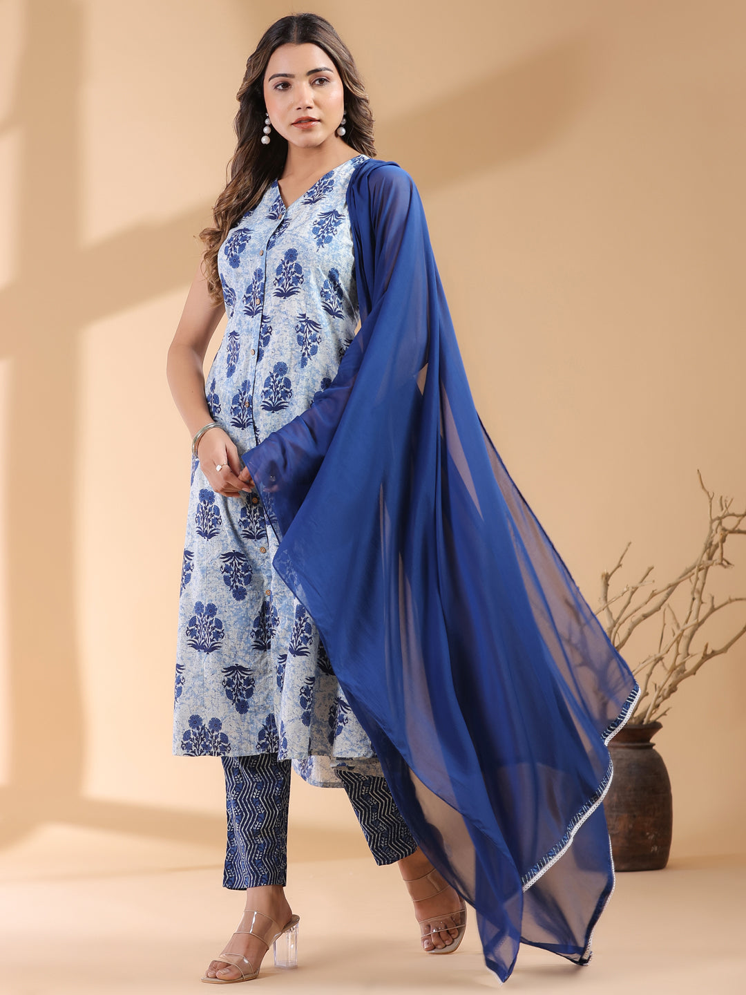 Janasya Dark Cotton Ethnic Motifs A-Line Kurta Set