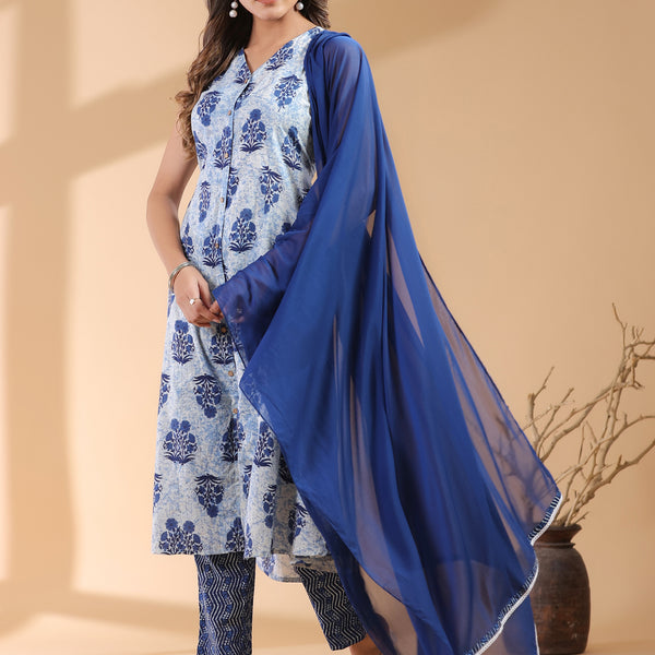 Janasya Dark Cotton Ethnic Motifs A-Line Kurta Set