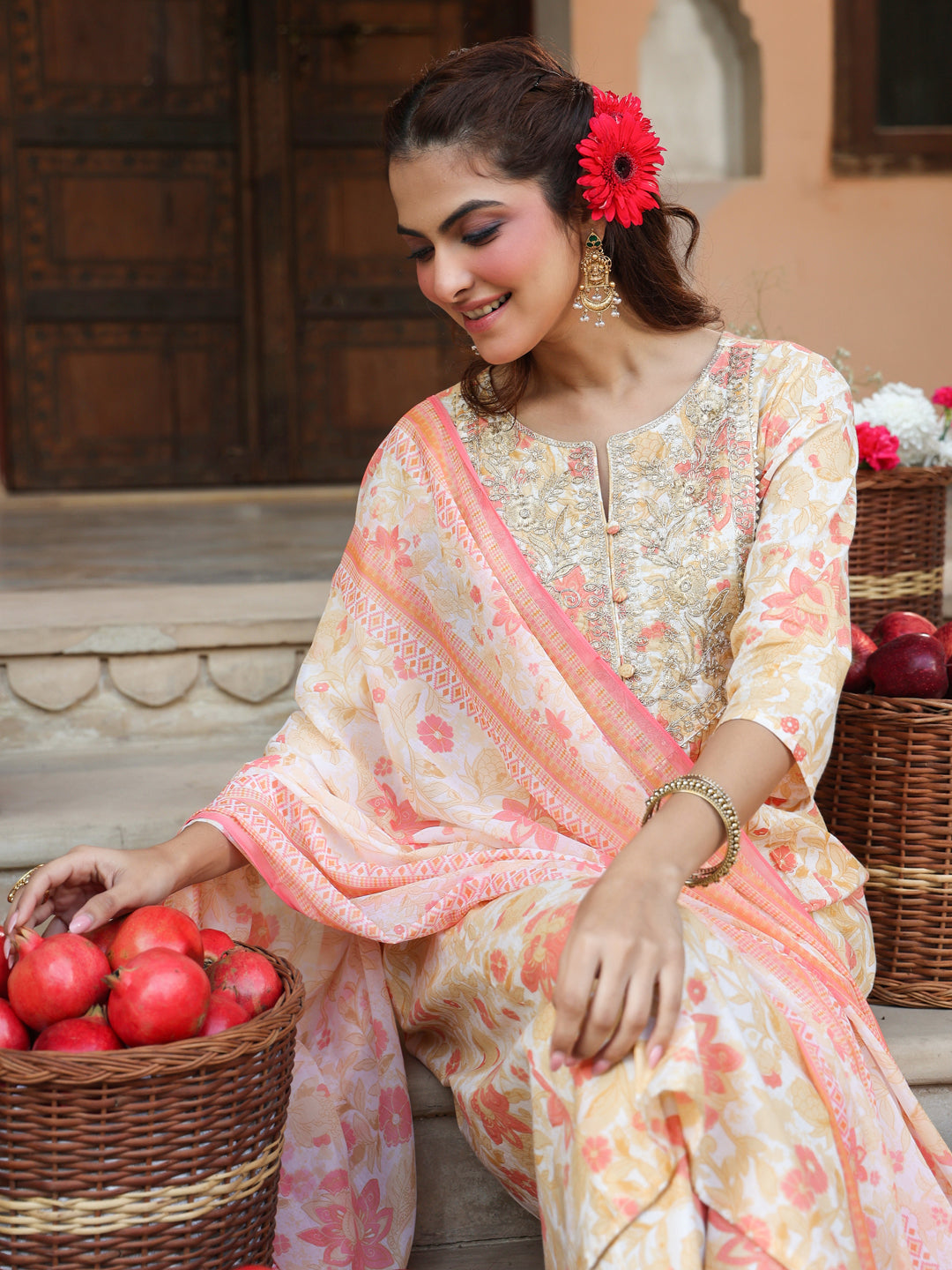 Janasya Light Cotton Floral A-Line Kurta Set