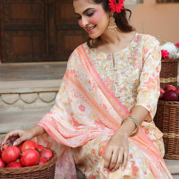 Janasya Light Cotton Floral A-Line Kurta Set