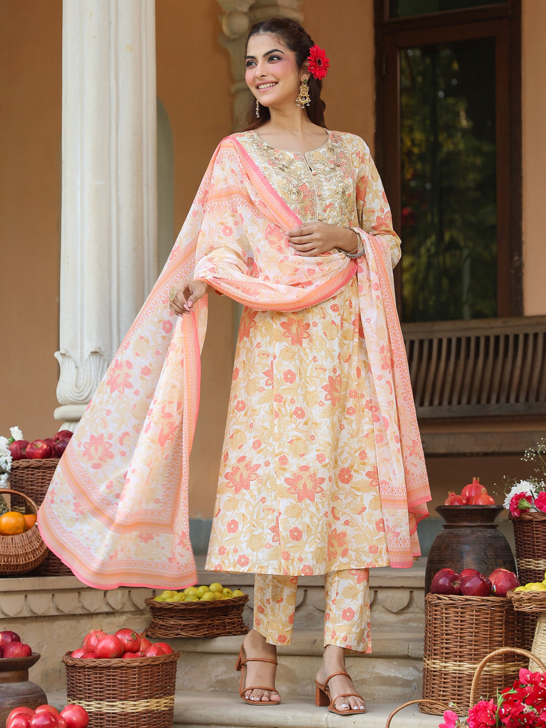 Janasya Light Cotton Floral A-Line Kurta Set