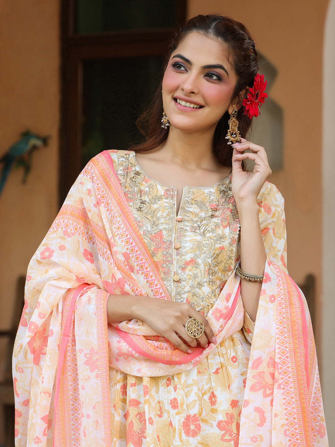 Janasya Light Cotton Floral A-Line Kurta Set