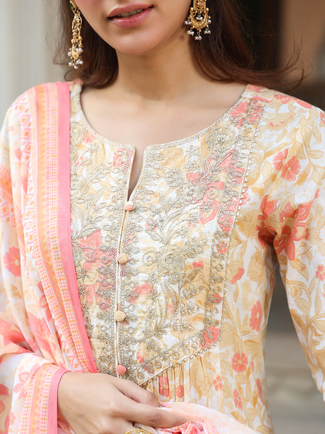 Janasya Light Cotton Floral A-Line Kurta Set