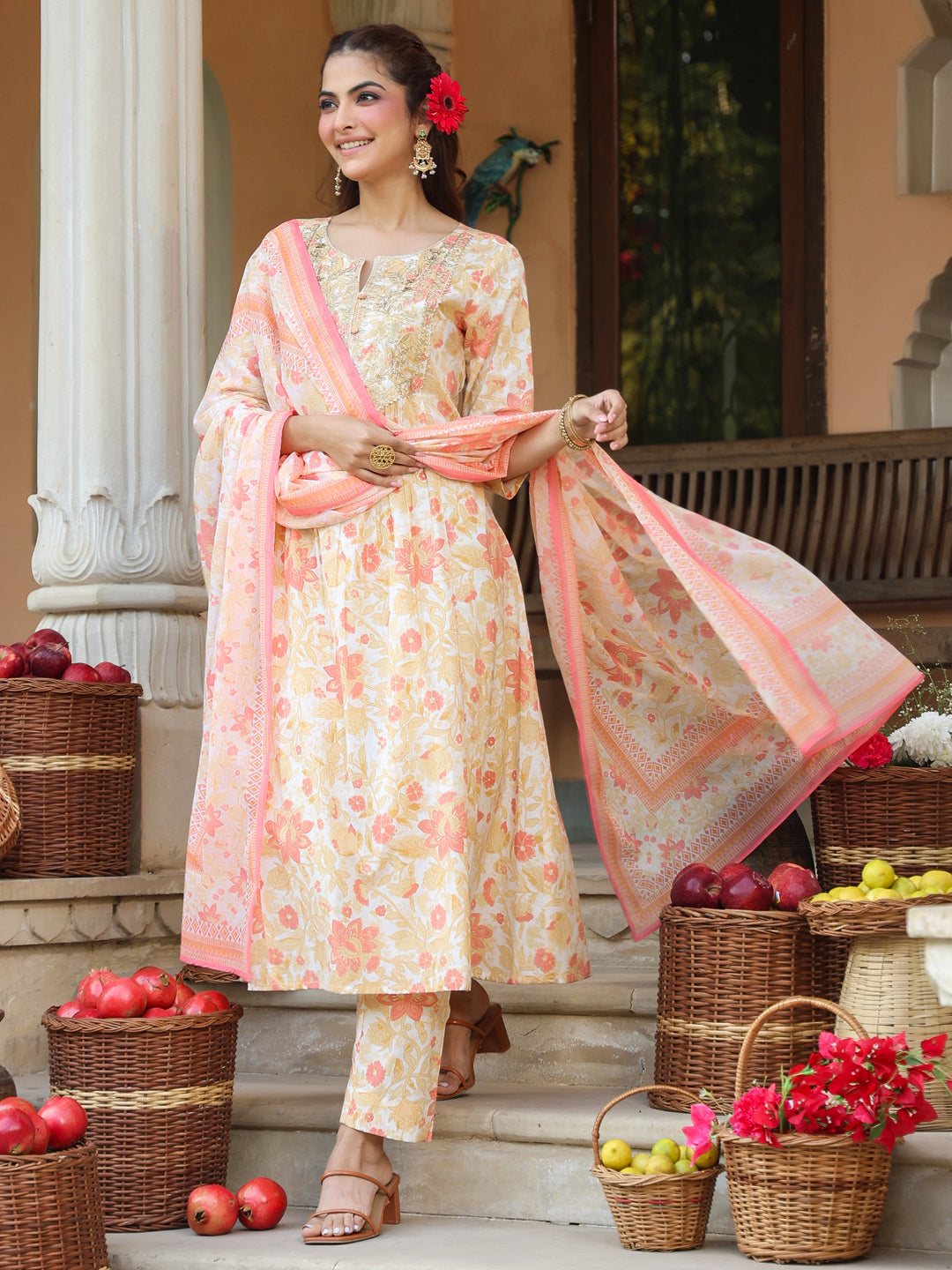 Janasya Light Cotton Floral A-Line Kurta Set