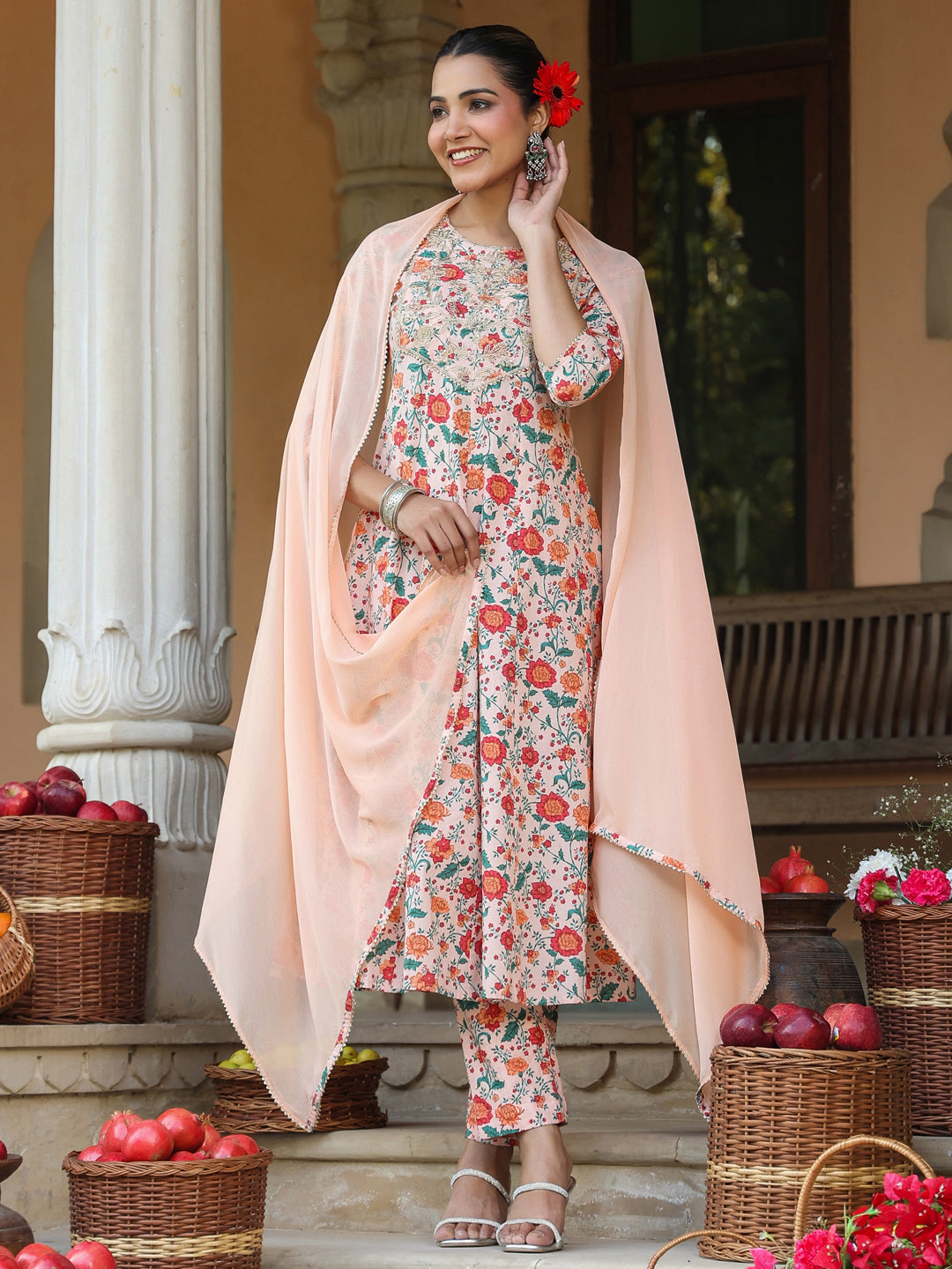 Janasya Light Cotton Floral Anarkali Kurta Set