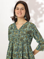 Thumbnail for Janasya Dark Cotton Floral A-Line Kurta Set
