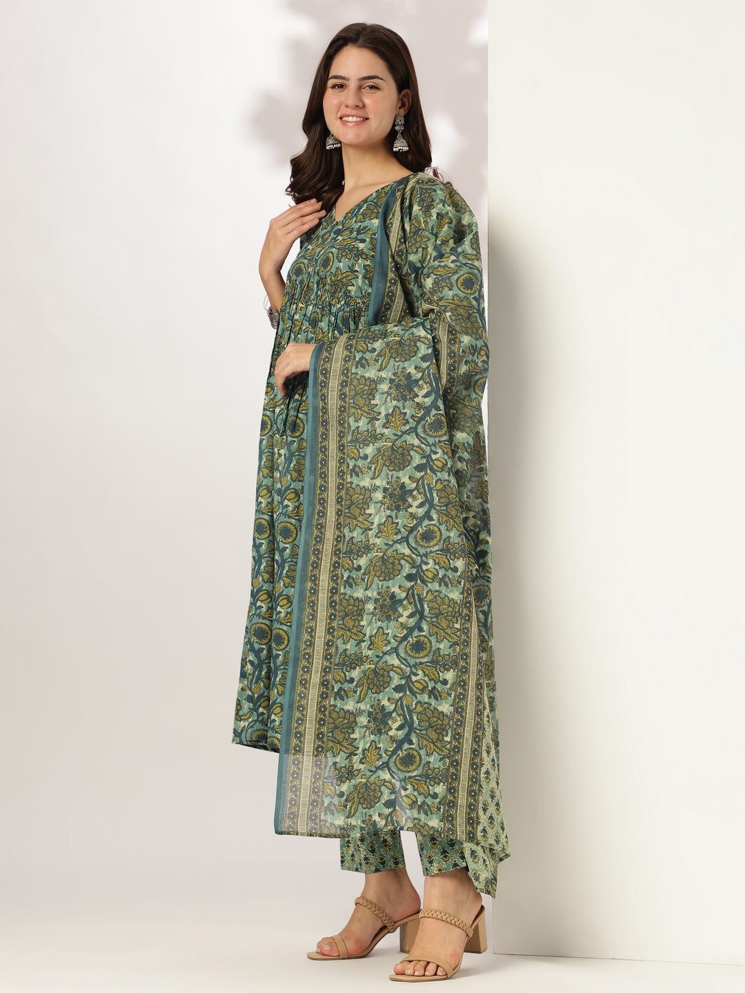 Janasya Dark Cotton Floral A-Line Kurta Set