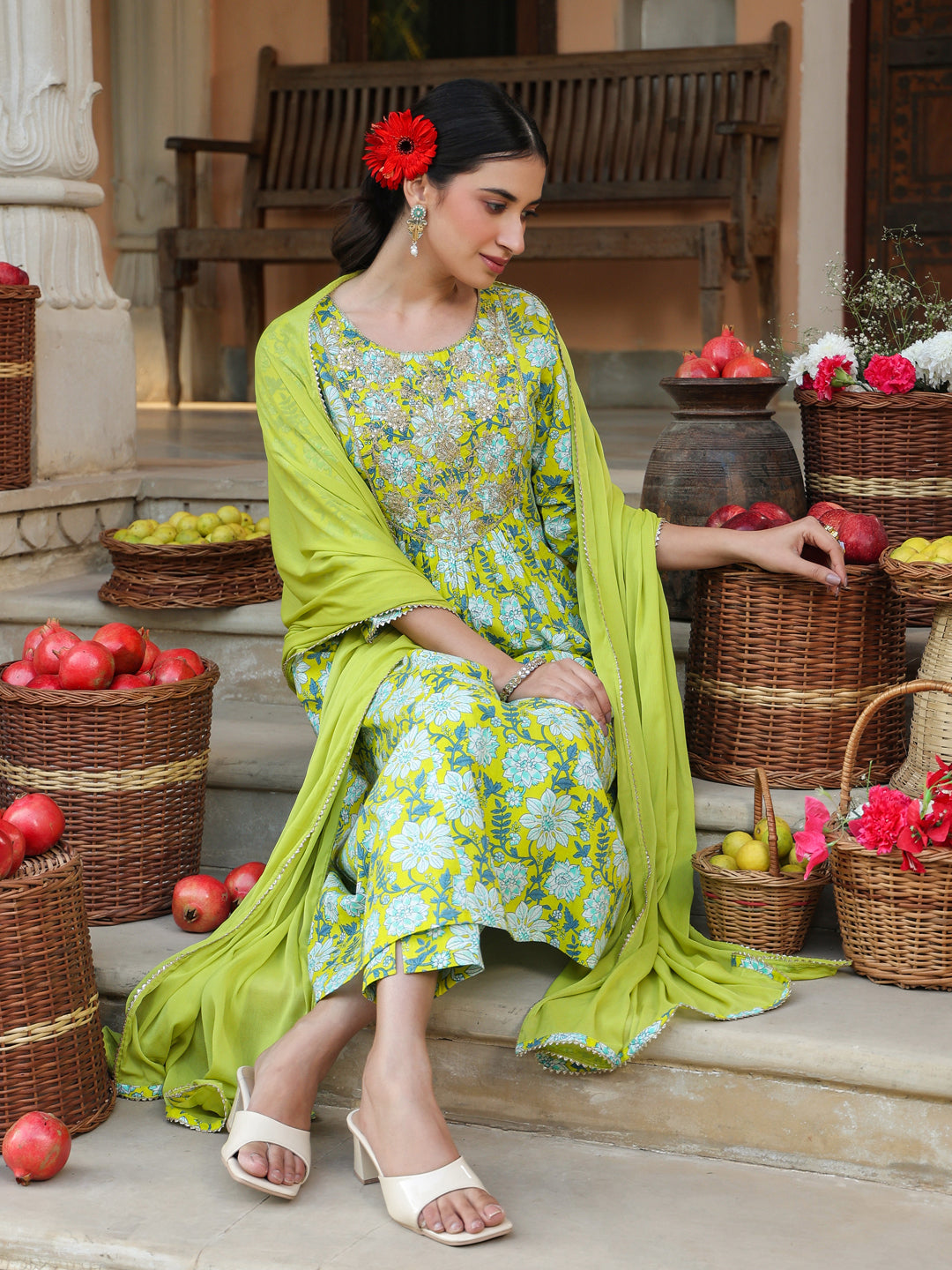 Janasya Bright Cotton Floral A-Line Kurta Set