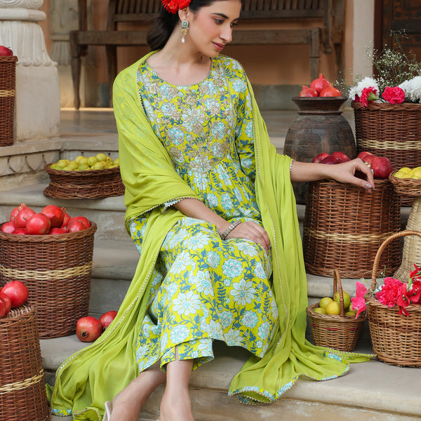 Janasya Bright Cotton Floral A-Line Kurta Set - Distacart