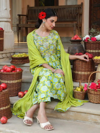 Janasya Bright Cotton Floral A-Line Kurta Set