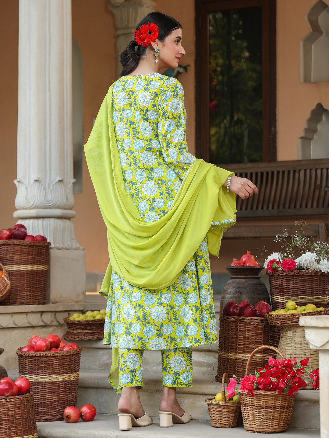 Janasya Bright Cotton Floral A-Line Kurta Set