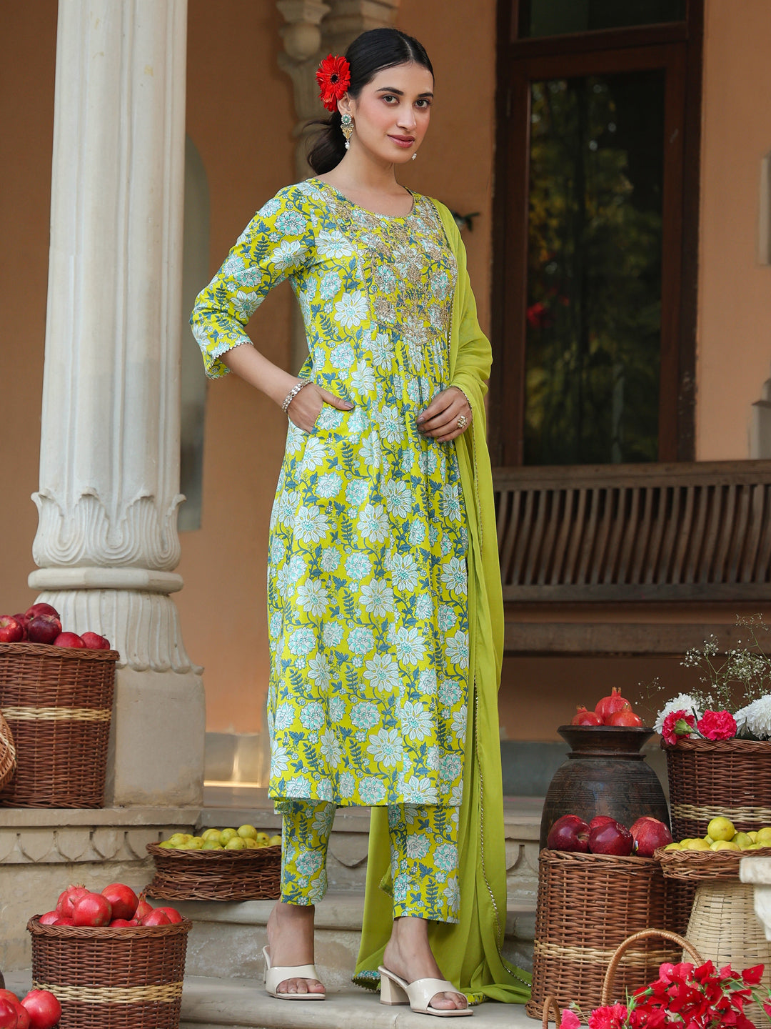 Janasya Bright Cotton Floral A-Line Kurta Set