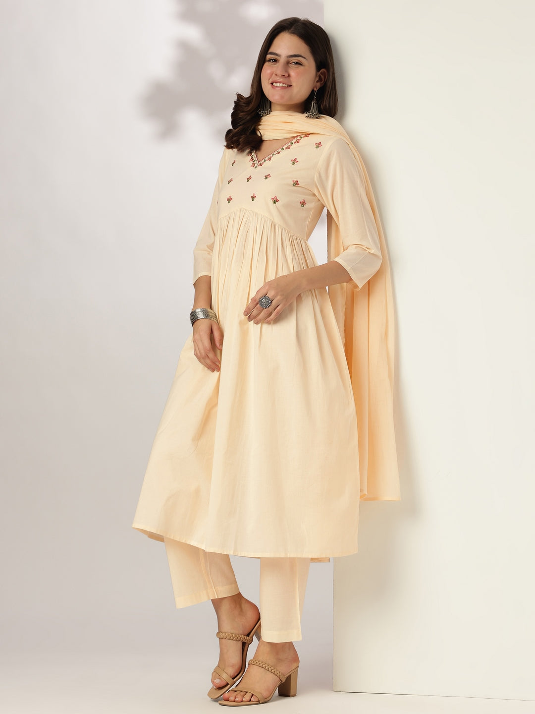 Janasya Light Cotton Yoke Embroidery A-Line Kurta Set
