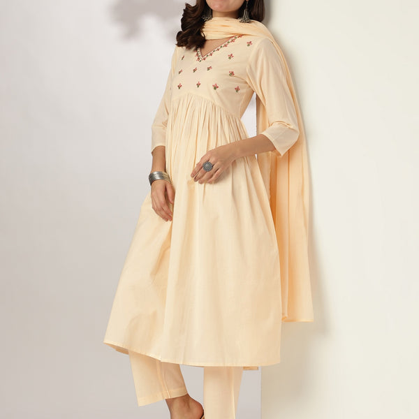 Janasya Light Cotton Yoke Embroidery A-Line Kurta Set