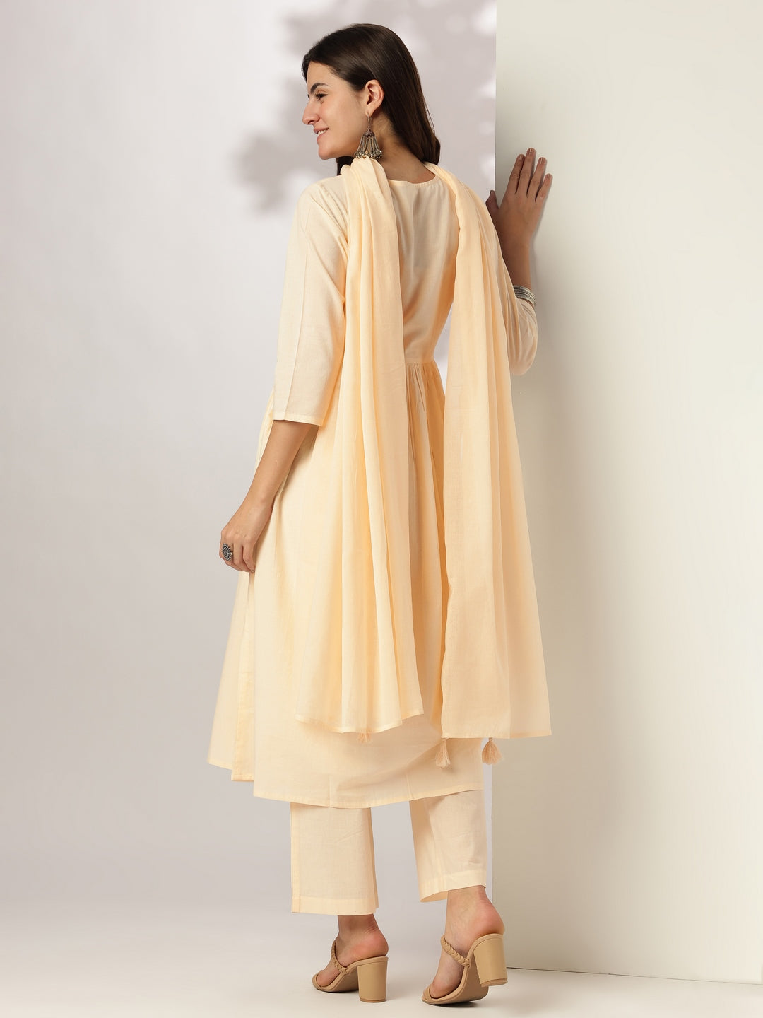 Janasya Light Cotton Yoke Embroidery A-Line Kurta Set