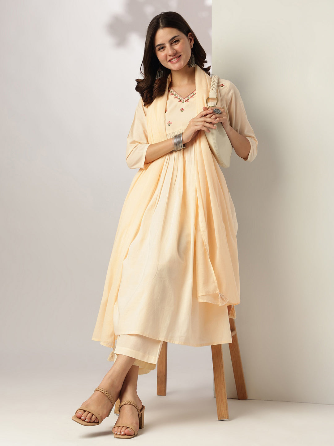 Janasya Light Cotton Yoke Embroidery A-Line Kurta Set - Distacart