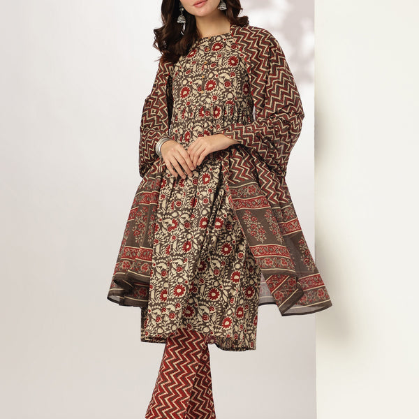 Janasya Dark Cotton Floral A-Line Kurta Set - Distacart