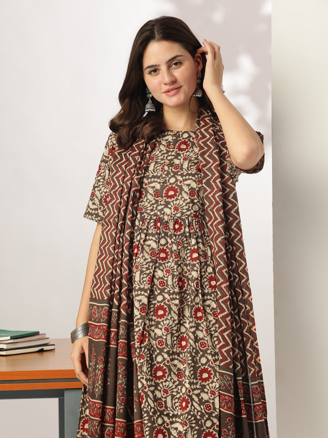 Janasya Dark Cotton Floral A-Line Kurta Set