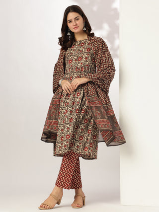 Janasya Dark Cotton Floral A-Line Kurta Set
