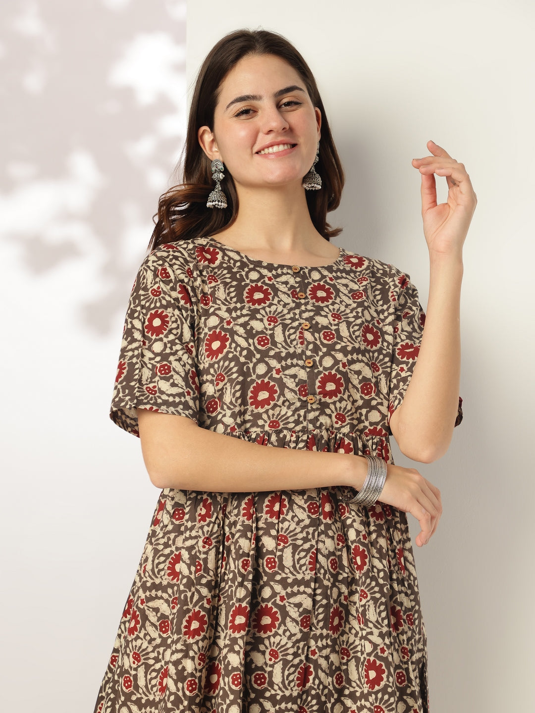 Janasya Dark Cotton Floral A-Line Kurta Set