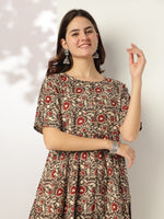 Thumbnail for Janasya Dark Cotton Floral A-Line Kurta Set