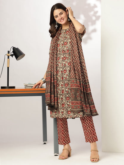 Janasya Dark Cotton Floral A-Line Kurta Set - Distacart