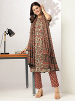 Thumbnail for Janasya Dark Cotton Floral A-Line Kurta Set