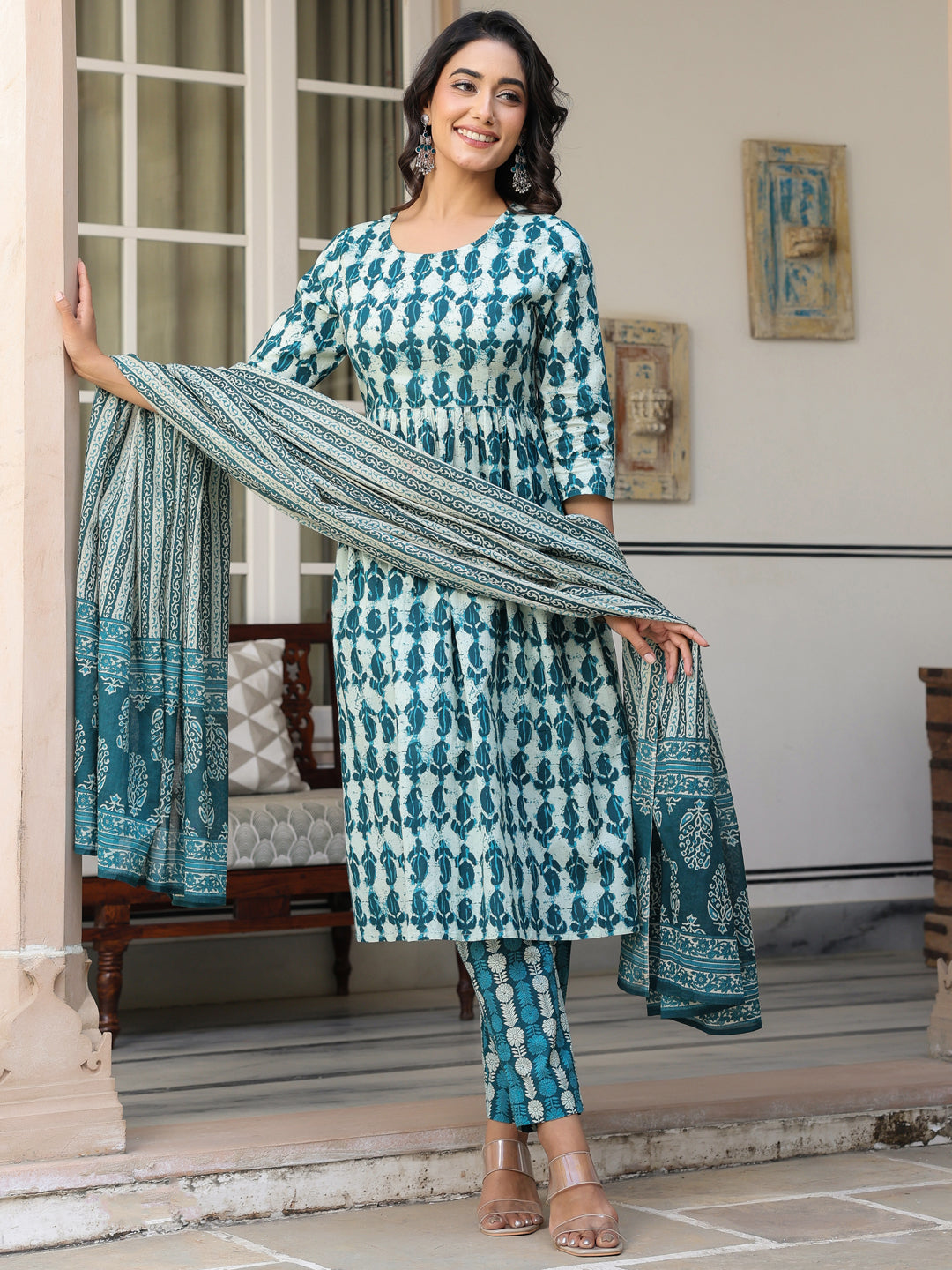 Janasya Dark Cotton Abstract A-Line Kurta Set