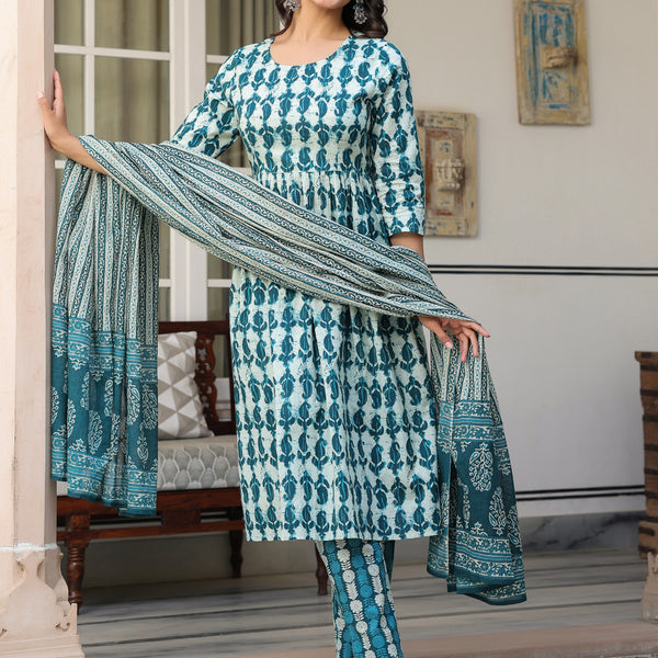Janasya Dark Cotton Abstract A-Line Kurta Set