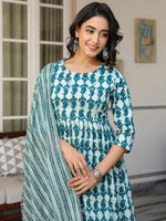 Thumbnail for Janasya Dark Cotton Abstract A-Line Kurta Set