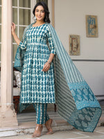 Thumbnail for Janasya Dark Cotton Abstract A-Line Kurta Set
