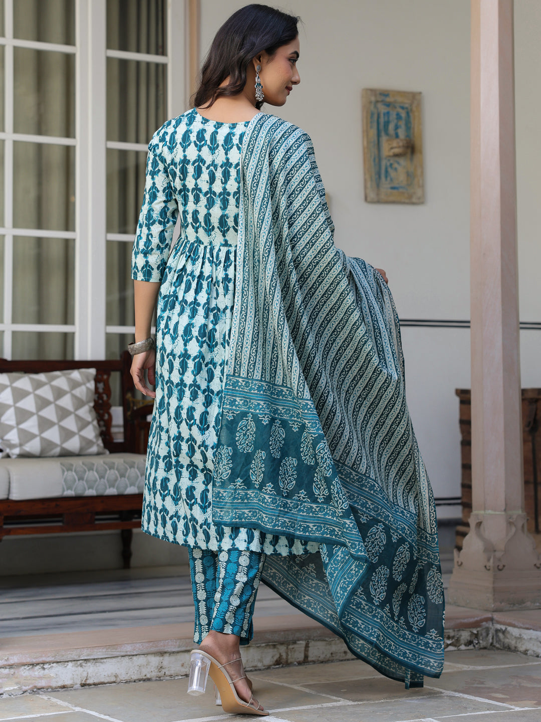 Janasya Dark Cotton Abstract A-Line Kurta Set