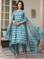 Thumbnail for Janasya Dark Cotton Abstract A-Line Kurta Set