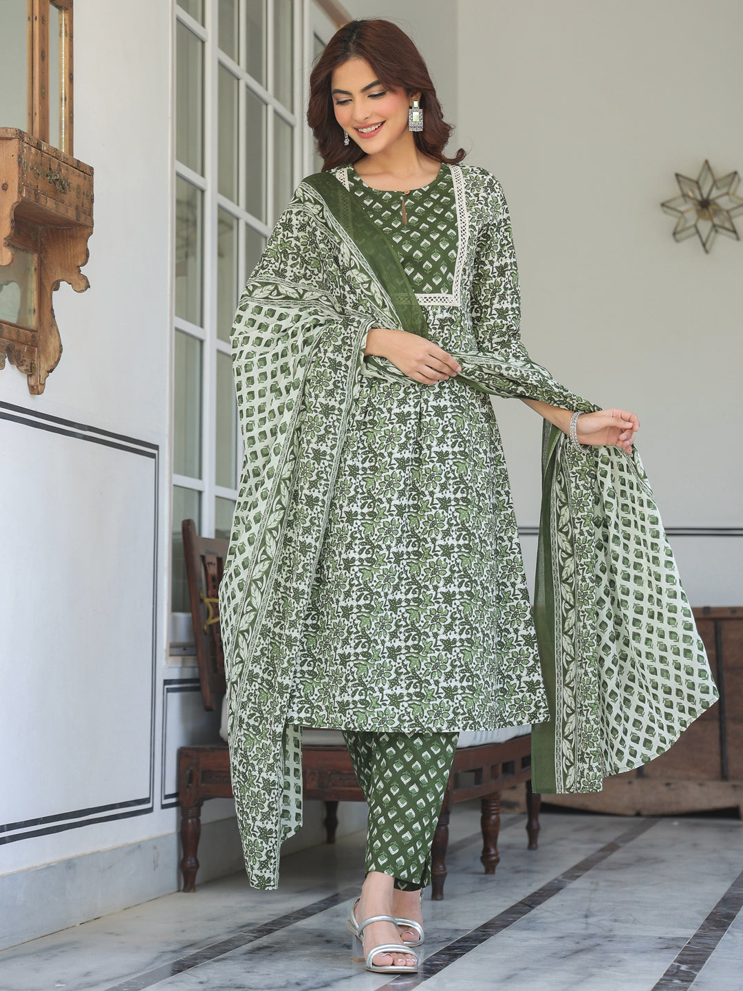Janasya Dark Cotton Floral A-Line Kurta Set