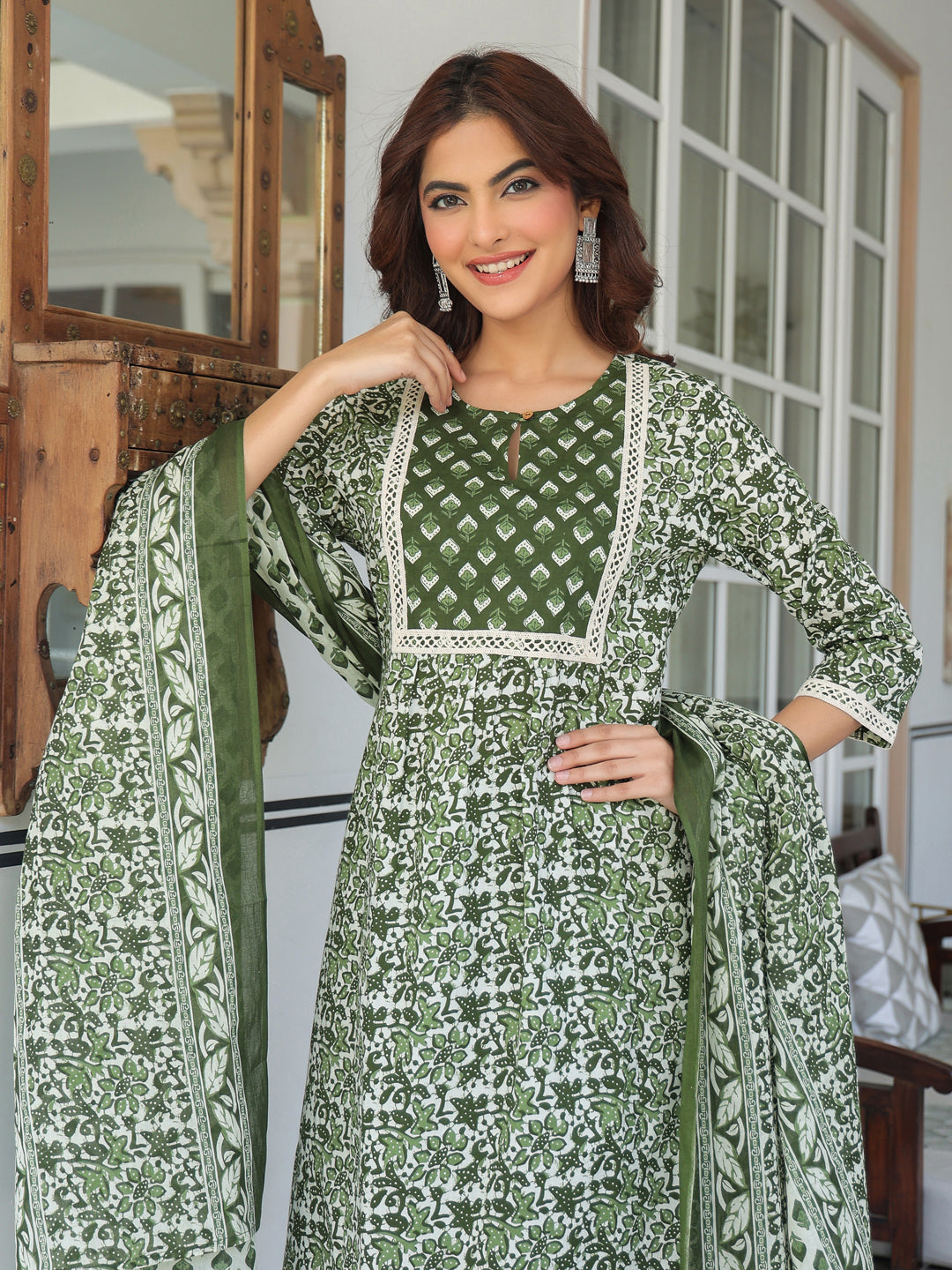 Janasya Dark Cotton Floral A-Line Kurta Set