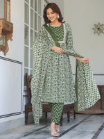 Thumbnail for Janasya Dark Cotton Floral A-Line Kurta Set