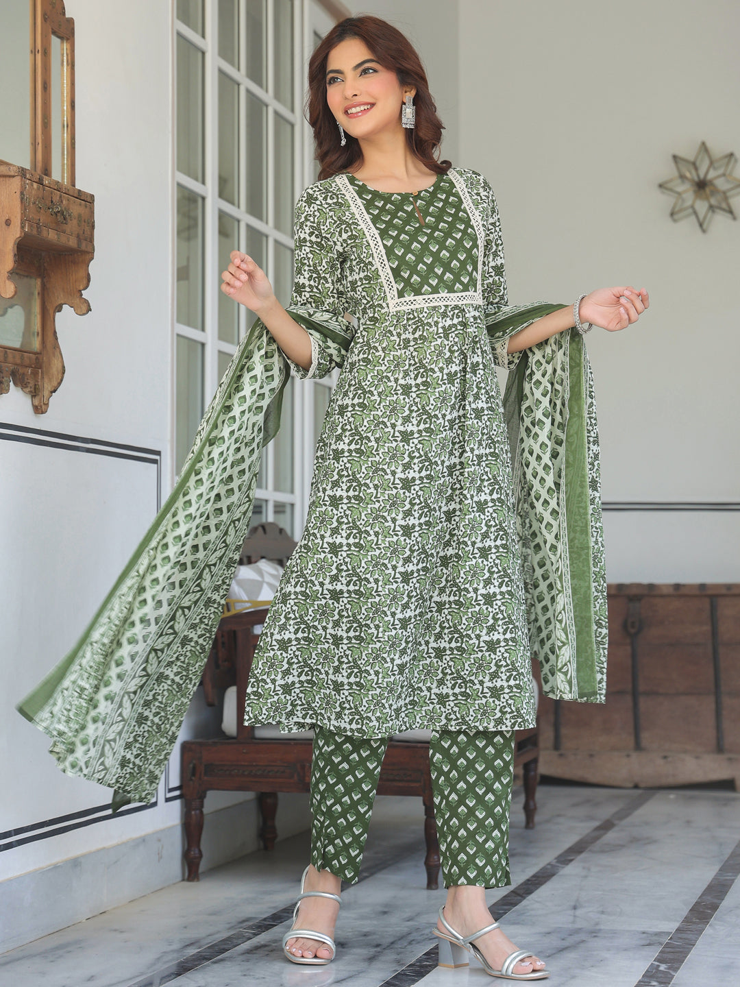 Janasya Dark Cotton Floral A-Line Kurta Set