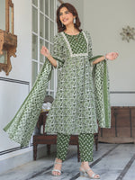 Thumbnail for Janasya Dark Cotton Floral A-Line Kurta Set