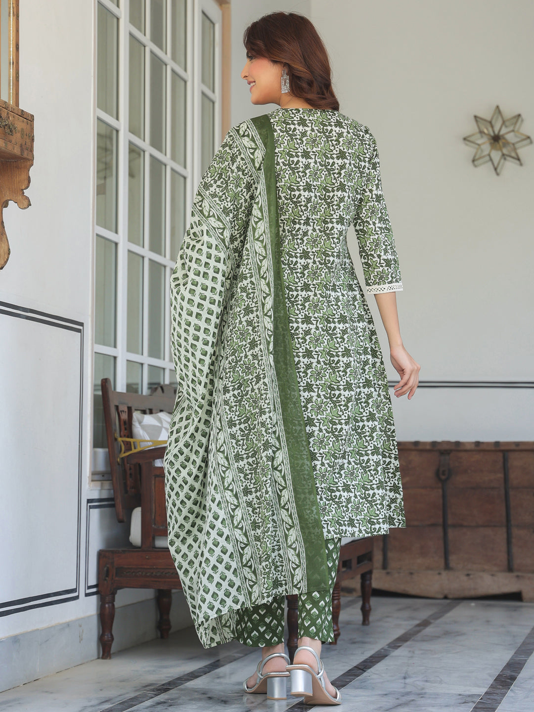 Janasya Dark Cotton Floral A-Line Kurta Set