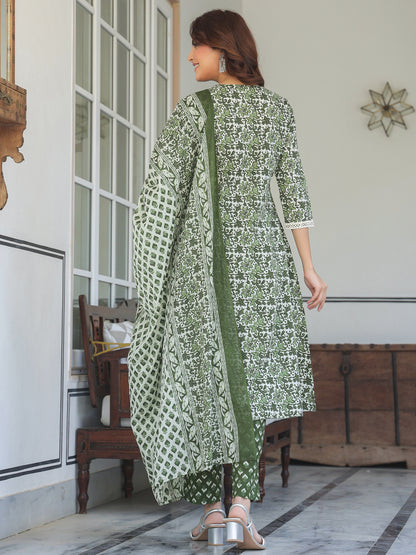 Janasya Dark Cotton Floral A-Line Kurta Set - Distacart