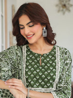 Thumbnail for Janasya Dark Cotton Floral A-Line Kurta Set