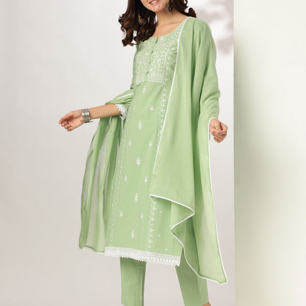 Janasya Light Cotton Embroidered Straight Kurta Set