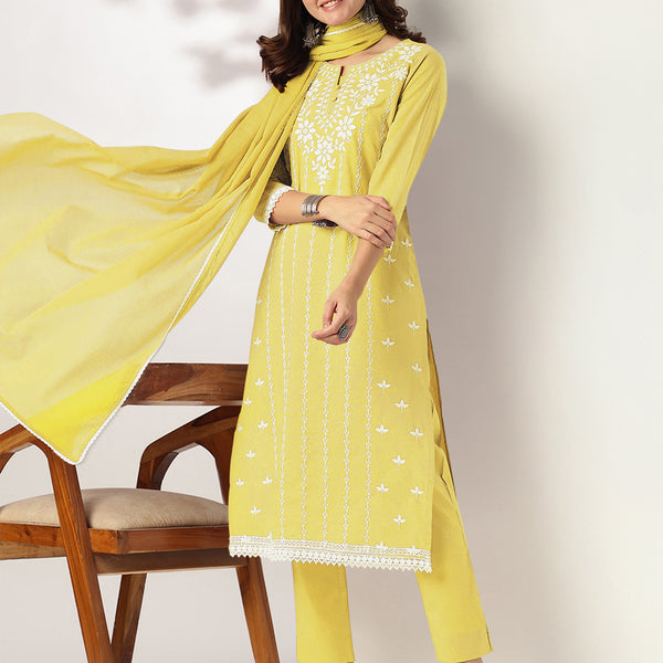Janasya Light Cotton Embroidered Straight Kurta Set