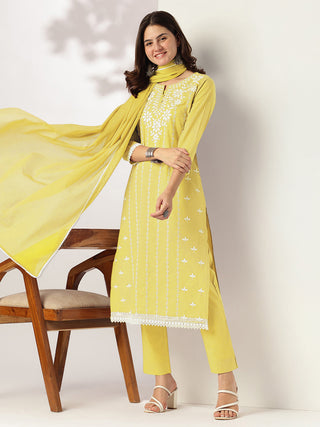 Janasya Light Cotton Embroidered Straight Kurta Set