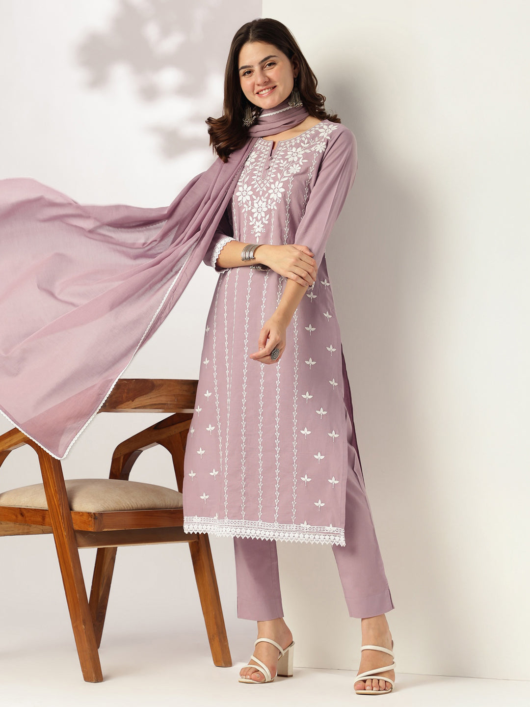 Janasya Light Cotton Embroidered Straight Kurta Set