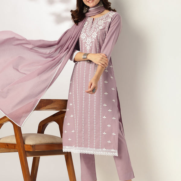 Janasya Light Cotton Embroidered Straight Kurta Set