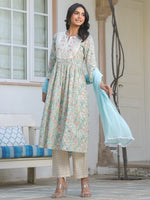 Thumbnail for Janasya Light Cotton Yoke Embroidery A-Line Kurta Set
