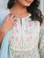 Thumbnail for Janasya Light Cotton Yoke Embroidery A-Line Kurta Set