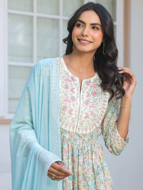 Janasya Light Cotton Yoke Embroidery A-Line Kurta Set